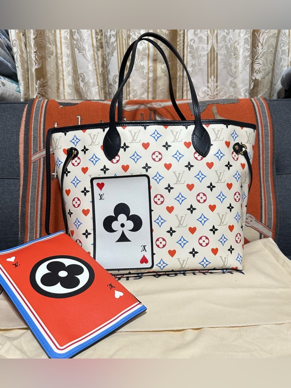 LOUIS VUITTON❤️🌟GAME ON NEVERFULL MM MULTICOLOR HEART & PLAYING CARD W/ POUCH⭐️